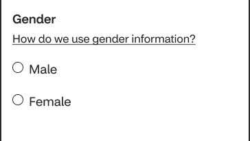 Gender field with informational link.